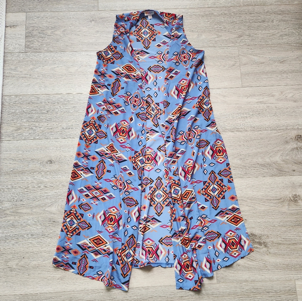 LuLaRoe Blue Aztec Joy Vest Womens Xs Sleeveless Red Longline Open Cardigan